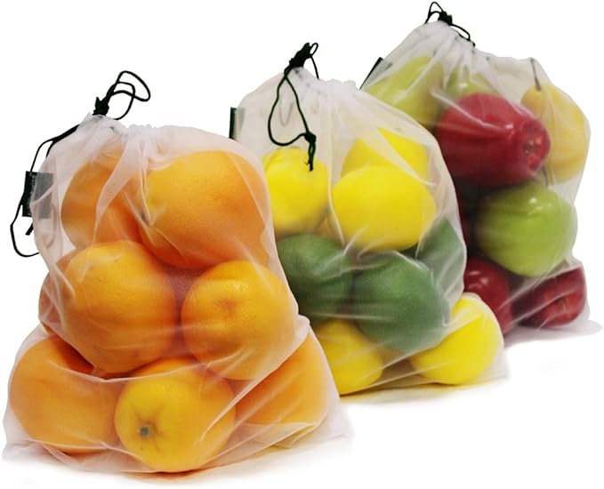 Earthwise Reusable Mesh Produce Bags - Washable Set of 9 Premium Bags, TRANSPARENT Lightweight, Strong SEE-THROUGH Mesh for shopping, transporting and storing fruits and veggies.