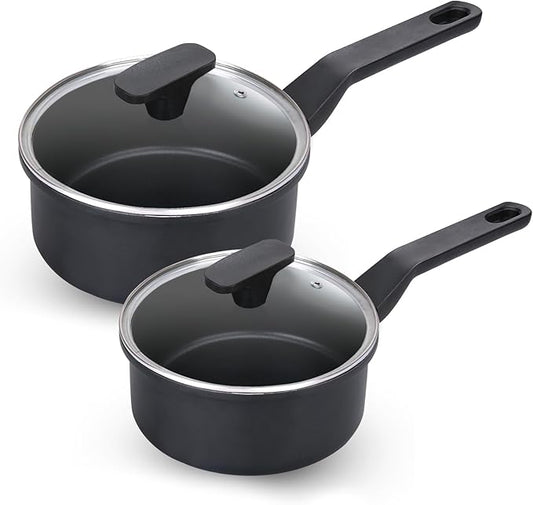 Nonstick Sauce Pan with Lid,1.5Qt & 2Qt Set, PFOA Free,Kitchen Pots Induction Pot,Black