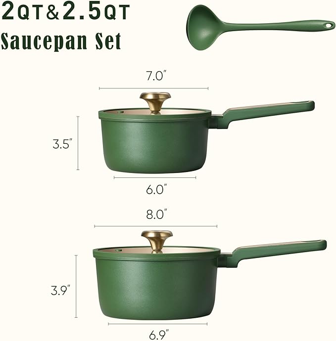CAROTE 2QT & 2.5QT Sauce Pan Sets with Lid & Ladle Cooking Pots Nonstick Saucepans Cookware Set Small Kitchen Pot, Induction Comptable, Easy to Clean, PFOA FREE (Green)