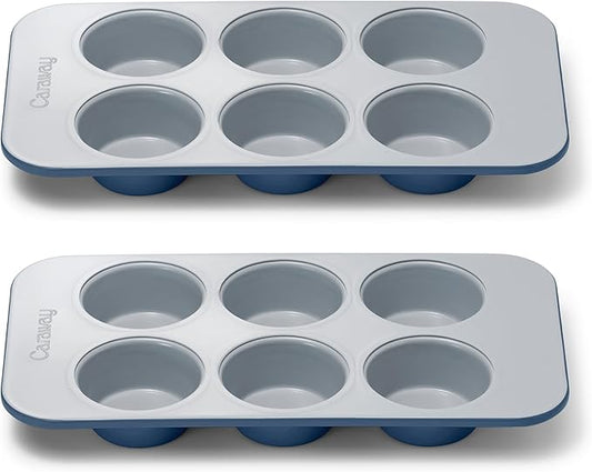 Caraway Nonstick Ceramic 6 Cup Muffin Pan Duo – Non-Toxic, PTFE & PFOA Free – Oven Safe – Aluminized Steel Core – Small Muffin Pan for Baking Cupcakes, Muffins & More - Navy