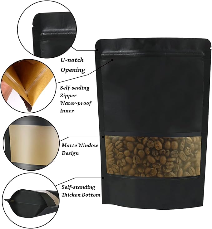 100 PCS Resealable Bags, Stand Up Kraft Paper Bags with Matte Window, Zipper Lock Food Storage Bags for Small Business and Home, 4.72 * 7.87 Inch Reusable Sealable Bags for Packaging -Black