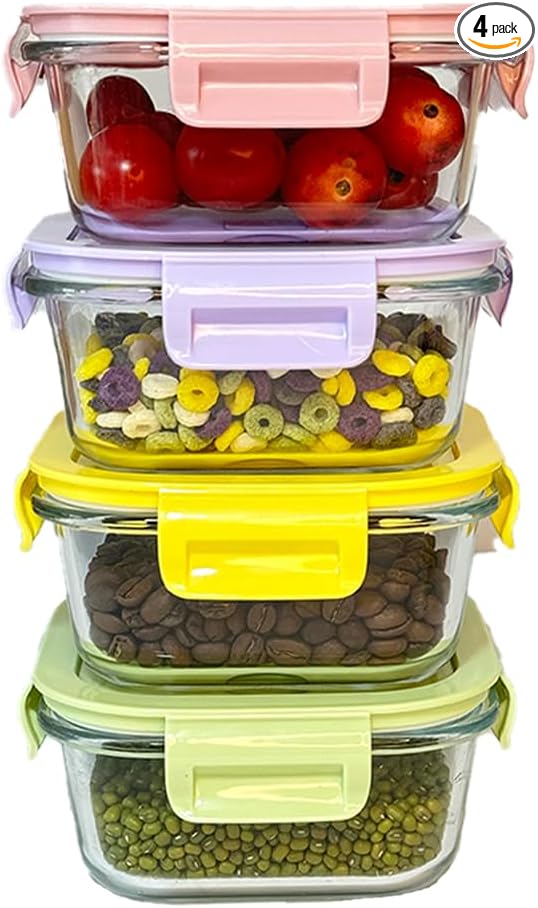 8 Pcs Square Glass Food Storage Container with Lids, 16OZ Square Glass Meal Prep Containers Set, 2 Cup glass Food Storage for Lunch Salad, Microwave, Oven, Freezer, Dishwasher Safe (4 Pack)