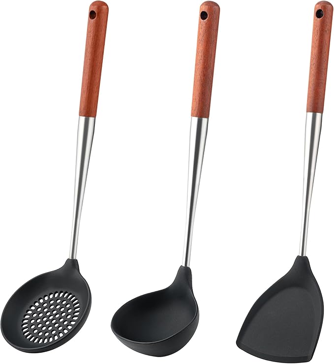 FJNATINH Silicone Spatula - Ladle - Skimmer Set - Wok Ladle Tool Set,Stainless Steel Non Stick Heat-Resistant Cooking Utensils BPA Free Kitchen Utensils Cookware Wooden Handle, Pack of 3