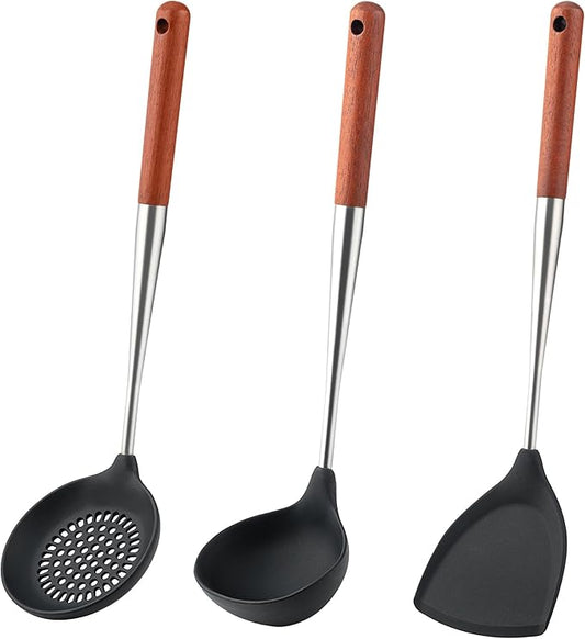 FJNATINH Silicone Spatula - Ladle - Skimmer Set - Wok Ladle Tool Set,Stainless Steel Non Stick Heat-Resistant Cooking Utensils BPA Free Kitchen Utensils Cookware Wooden Handle, Pack of 3