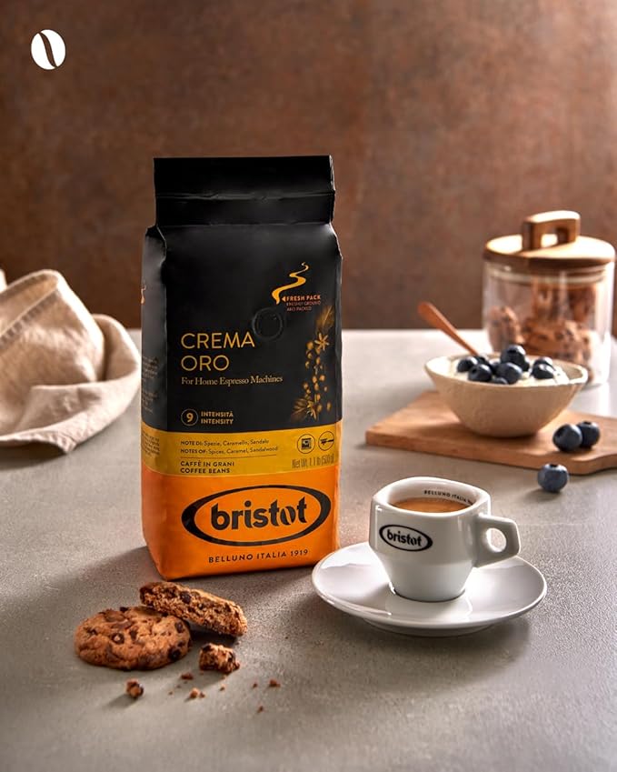 Bristot Crema Oro Italian Whole Espresso Beans – Medium Roast Coffee – Smooth & Aromatic with Notes of Spices, Caramel & Sandalwood – 1.1 lb (500 g)