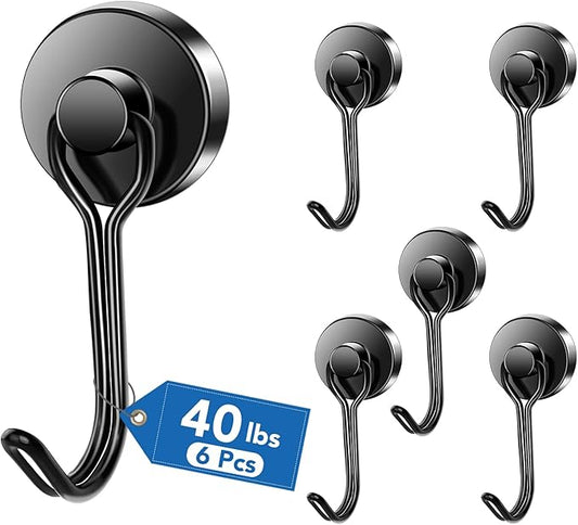 LOVIMAG Hooks, 40lbs+ Magnetic Magnet Hook 2025 Cruise Cabin Ship Essentials Heavy Duty Strong Refrigerator Fridge Hanging for Classroom Beach Vacation Kitchen Grills Home Mug Hanger (6 Pack), Black