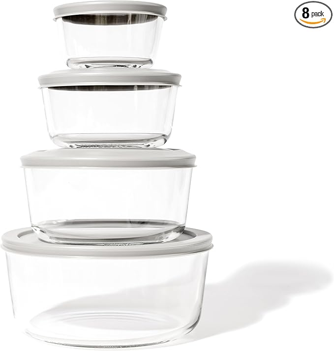 8-Piece Glass Food Storage Containers Set (4 Containers + 4 Lids) | Round, Nesting, Microwave & Dishwasher Safe | BPA-Free, Space-Saving | Grey Lids for Pantry & Kitchen Organization