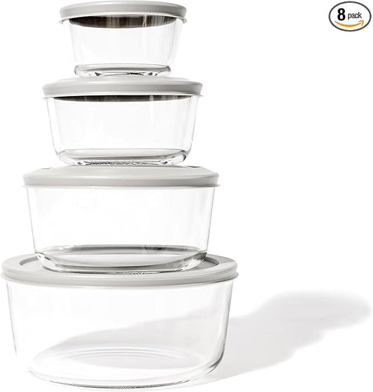 8-Piece Glass Food Storage Containers Set (4 Containers + 4 Lids) | Round, Nesting, Microwave & Dishwasher Safe | BPA-Free, Space-Saving | Grey Lids for Pantry & Kitchen Organization