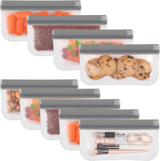 Lerine Reusable Snack Bags Dishwasher Safe, 9 Pack Food Storage Bags Extra Thick Leak-proof Reusable Bags for Candy, Snack, Sandwich, Cereal, Travel Items, Home Organization (Gray, 9Snack)