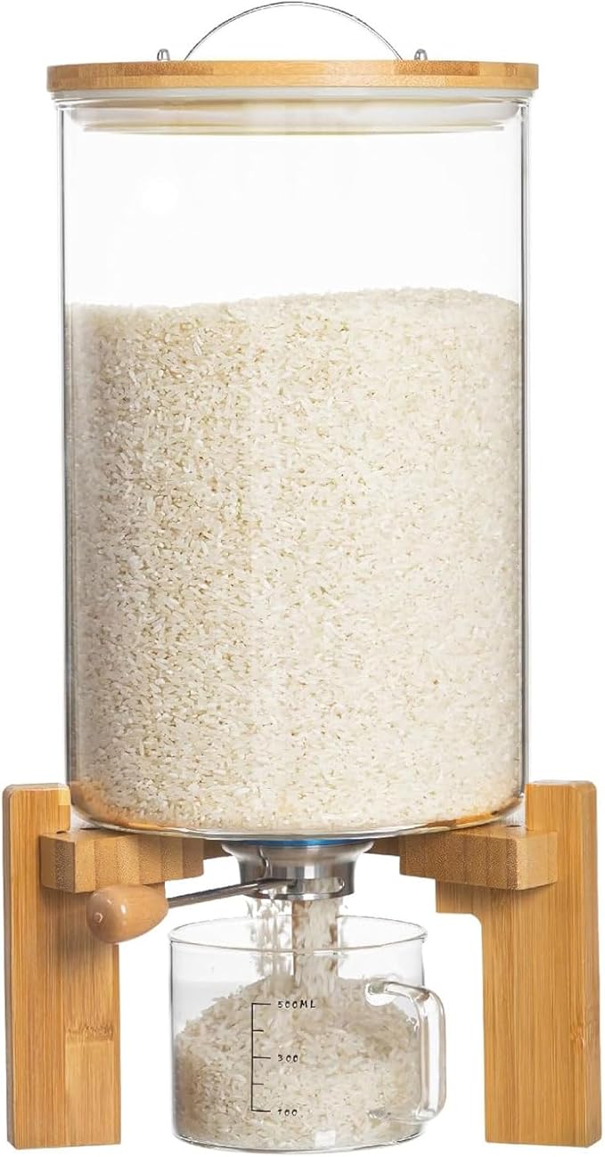 Rice Dispenser, Rice Storage Container, Flour and Cereal Container for Kitchen Organization and Pantry Store, Glass Cereal dispenser with Airtight Lid and Wooden Stand 8L