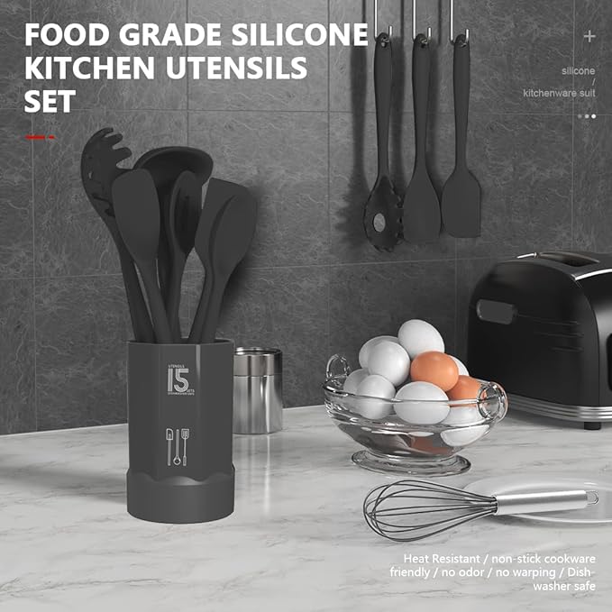 Silicone Cooking Utensils Set - 446°F Heat Resistant Kitchen Utensils,Spatula Sets,Turner Tongs,Spoon,Kitchen Utensil Gadgets Tools Set for Nonstick Cookware,Dishwasher Safe BPA Free (Gray)