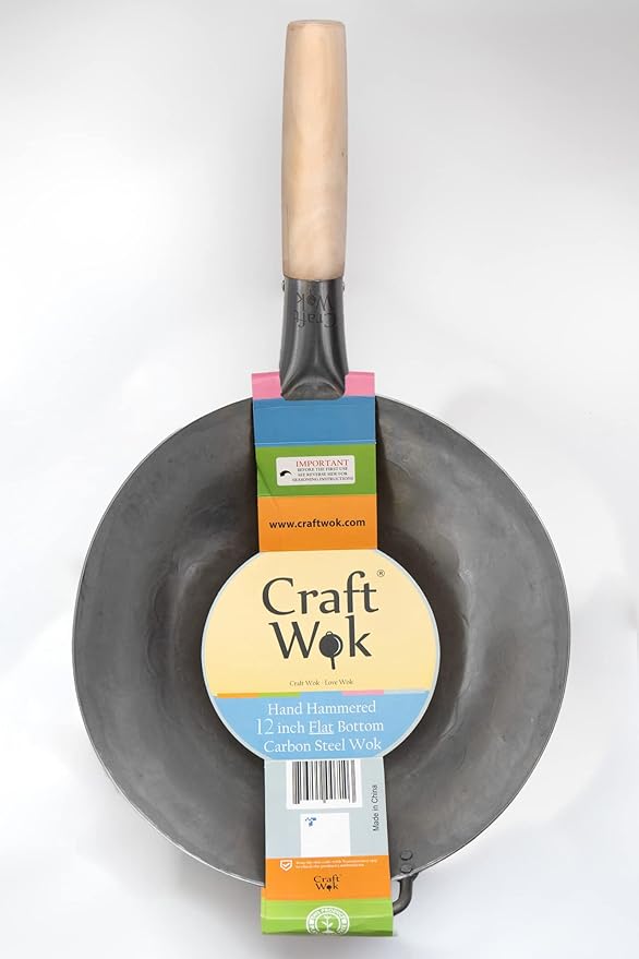 Craft Wok Flat Hand Hammered Carbon Steel Pow Wok with Wooden and Steel Helper Handle (12 Inch, Flat Bottom) / 731W316-12in