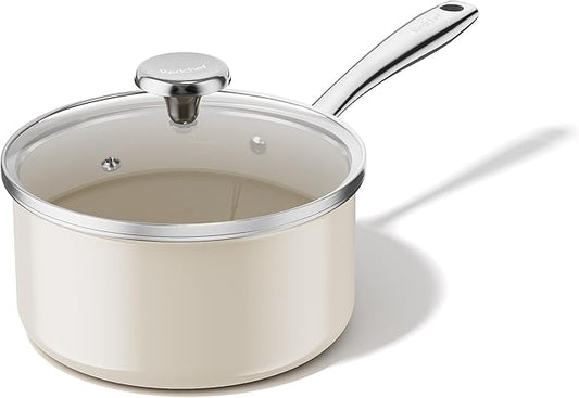 Redchef Ceramic Sauce Pan with Lid, 2.5QT Small Saucepan, Nonstick Cooking Pot with Stay-Cool Handle, Kitchen Non Toxic Soup Pot, PTFE & PFOA Free, Oven Dishwasher Safe, Compatible All Stovetops-Beige