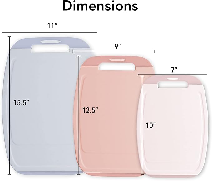 Neoflam Microban Protection Cutting Board 3 Piece Set, Stain & Odor/BPA Free, Reversable Board, Upgraded Larger Juice Groove, Non-Slip EZ Grip Handle, Dishwasher Safe, Pastel