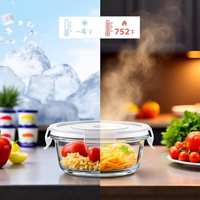 Small Round Glass Food Containers with lids, 12oz Round Food Storage Containers with Lid, 1.5 Cup Small Glass Food Containers with Lid BPA-Free, Microwave, Dishwasher, Freezer Safe (4 Pack)