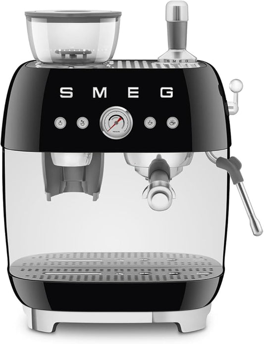 Smeg EGF03 Semi-Automatic Espresso Machine with Built-In Grinder, Dual Thermoblock, 50’s Retro Style – Black (120 V)