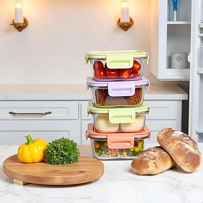 8 Pcs Square Glass Food Storage Container with Lids, 16OZ Square Glass Meal Prep Containers Set, 2 Cup glass Food Storage for Lunch Salad, Microwave, Oven, Freezer, Dishwasher Safe (4 Pack)