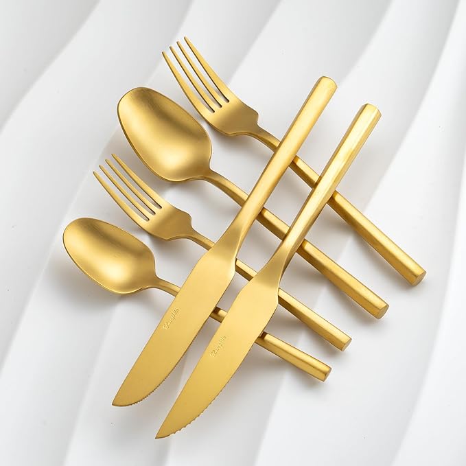 Gold Silverware Set with Steak Knives,Zerophilo Flatware Set with Hexagon Handle 24 Pieces 18/0 Stainless Steel Cutlery Set for 4,Dishwasher Safe