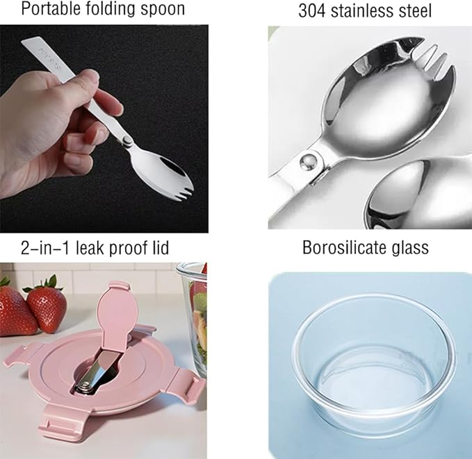 1.5 Cup Round Glass Food Containers with Lids and Folding spoon, Round Small Food Containers with lids, 12OZ Glass Lunch Bowls for Office Meals, Microwave, Freezer, Dishwasher Safe (4 Pack)