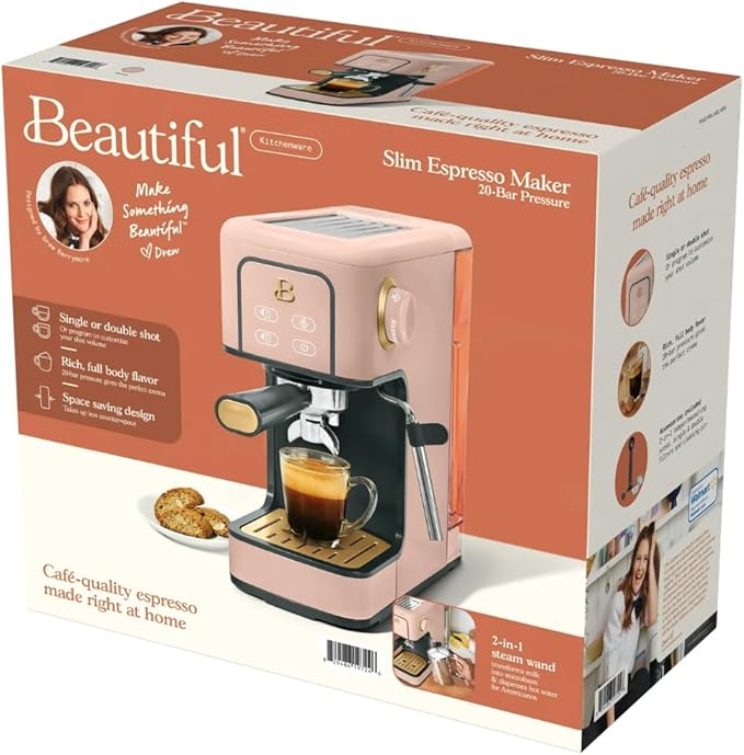 Beautiful Slim Espresso Maker by Drew Barrymore – 20‑Bar Pressure, Dual‑Spout 52 mm Portafilter, 50 oz Removable Tank, 2‑in‑1 Steam Wand & Touch Controls (Rose)
