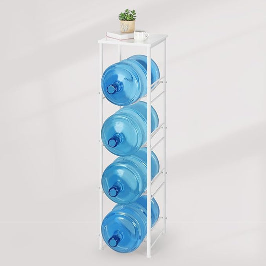Vrisa 5 Gallon Water Jug Holder with Storage Shelf Water Bottle Holder Organizer 4 Tier 3/5 Gallon Water Jug Stand Rack Heavy Duty Water Dispenser Rack for Home Office Kitchen, White
