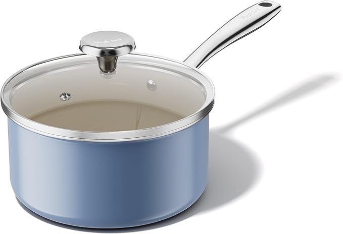 Redchef Nonstick Ceramic Sauce Pan with Lid, 2.5QT Small Cooking Pot with Stay-Cool Handle, Kitchen Non Toxic Soup Pot, PTFE & PFOA Free, Oven & Dishwasher Safe, Compatible with All Stovetops-Blue
