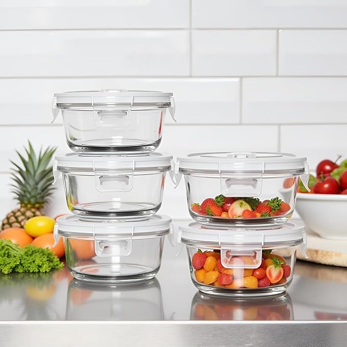 12 OZ Round Glass Food Containers With Lids, 1.5 Cup Small Glass Containers With Lids and Spoons for Office Lunch,Small Round Meal Prep Bowls for Oven, Fridge, Dishwasher safe (4 Pack)