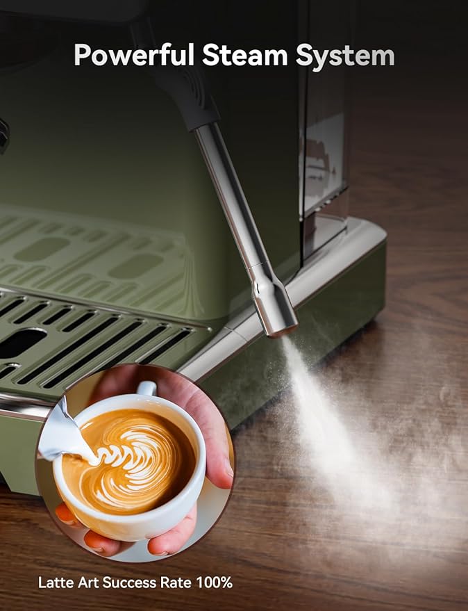 Neretva Espresso Coffee Machine, Professional Espresso Machine with Pressure Gauge 15Bar Retro Espresso Maker with Power Milk Frother Stainless Steel for Home Barista Latte and Cappuccino Maker-Green