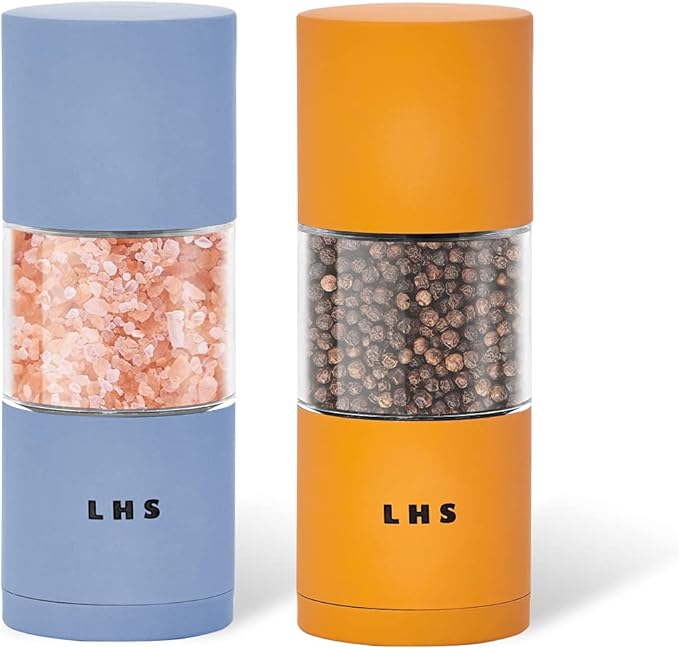 LHS Premium Salt and Pepper Grinder Set, Stainless Steel Salt Pepper Mill Set, Refillable Pepper Seasoning Mills with Adjustable Coarseness for Kitchen Use - 4.6 Inches(2-Pack, Orange & Blue)