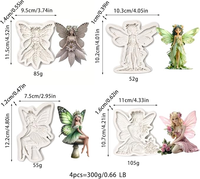 (Four-piece set) Silicone mold of winged girl with spread wings, DIY silicone mold, cake chocolate mold, wedding cake decoration tool, soft candy mold