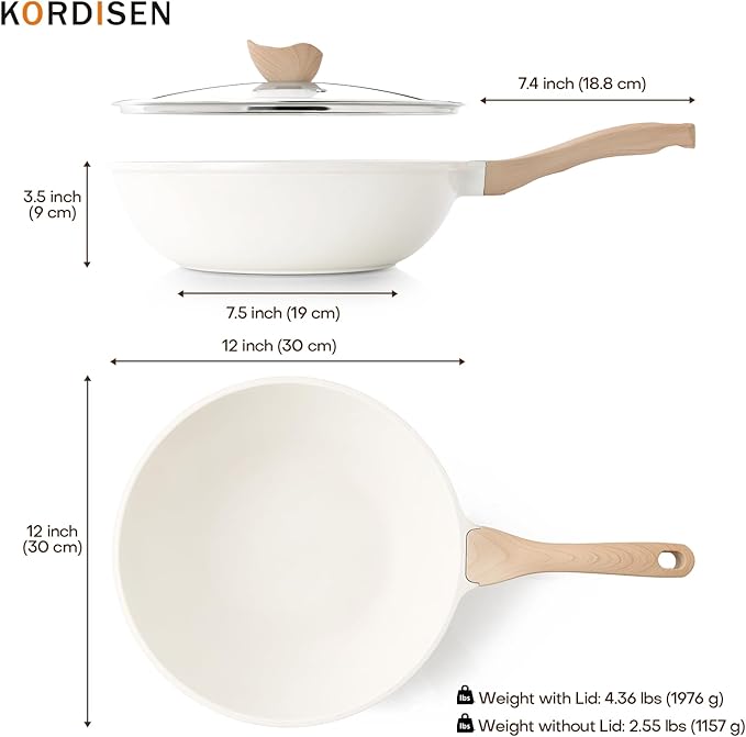 Nonstick Wok with Lid, 12 Inch Woks & Stir-fry Pans, Healthy Coating Induction Cookware, Compatible with All Stovetops, PFOA Free (Cream White)