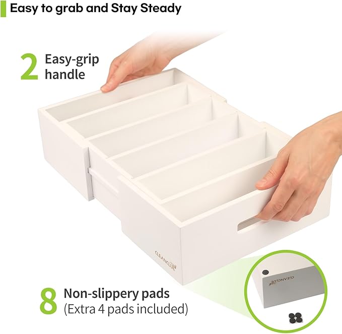 Expandable Kitchen Cabinet Organizer for Food Storage Container Lids, Bamboo Drawer Caddy Adjustable Dividers, Box for Kitchen Storage and Organization, Lids Organizer for Cabinet (White)