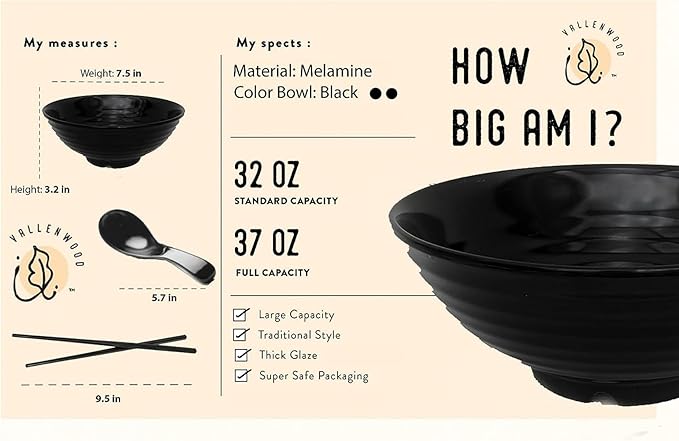 4 Ramen Bowls, 12 pieces Pho set. All Black Asian Japanese soup. Utensil: Spoons And Chopsticks kit. Melamine. Large 37 oz. Noodles, Rice, Udon, Thai, Chinese, Korean, Wonton, Miso