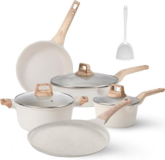 Pots and Pans Set, White Nonstick Induction Cookware Sets with Stay-Cool Handles, Kitchen Pan Sets for Cooking with Saucepan & Frying Pans & Crepe Pan, PFOS and PFOA Free