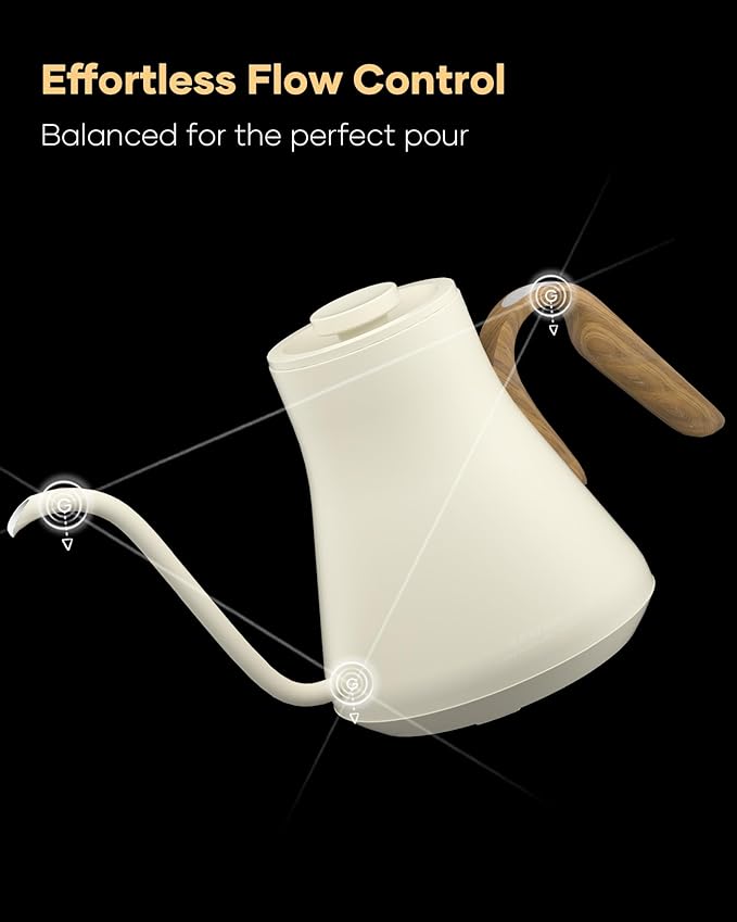 Cocinare FLOW B9 Gooseneck Electric Kettle, Precise Temperature Control for Pour-Over Coffee & Tea Brewing, Stainless Steel Interior, Rapid Heating for Boiling Water 1500W/0.9L (Morandi White)