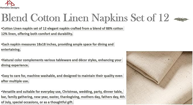 Natural Color Cotton Linen Blend Napkins Set of 12 - Hemmed 18x18 Inch Decorative Elegant Soft Washable Reusable Flax Dinner Napkin for Dining Table Décor Christmas Wedding Party & Everyday Use