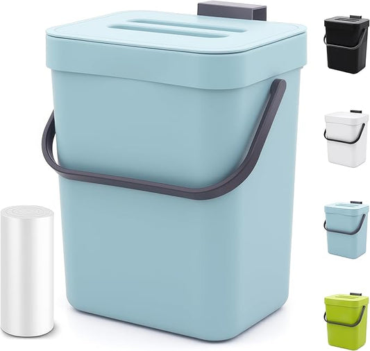 1.3 Gallon Small Trash Can with Lid - Countertop Food Waste Bin, Kitchen Hanging Trash Can for Cabinet Door/Under Sink, Small Garbage Can for Desk, 5L(Subtle Blue)