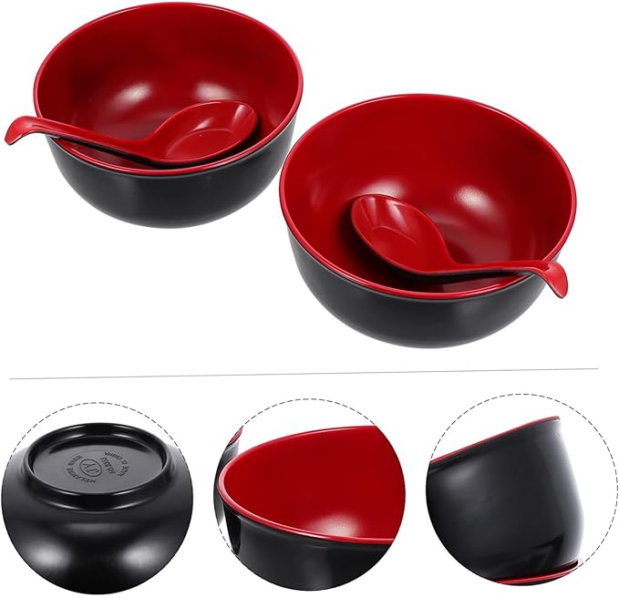 Practical Melamine Ramen Bowls with Dual-color Spoons Black and Red Sturdy Asian Soup Bowls for Rice Noodles Salad Easy to Clean for Family Meals and