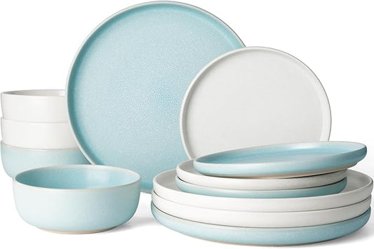 Famiware Milkyway Plates and Bowls Sets, 12 Pieces Dinnerware Sets, Reactive Glaze Dish Set, Stoneware Dishes Set for 4, Matte White & Light Blue