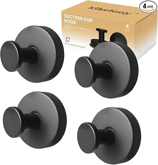 4 Pcs Suction Cup Hook for Shower，Removable Hooks，Towel Hooks，Suction Hooks for Bathroom, Bedroom, Glass Window (Black)