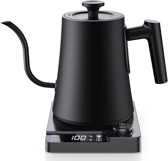Gooseneck Electric Kettle with ±1℉ Precision Temperature Control for Pour Over Coffee & Tea, Rapid Boil, 304 Stainless Steel, Built-in Brew Timer, 1200W/1.0L