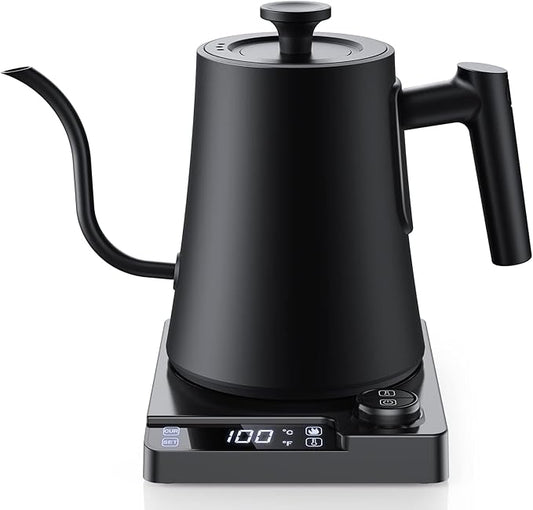 Gooseneck Electric Kettle with ±1℉ Precision Temperature Control for Pour Over Coffee & Tea, Rapid Boil, 304 Stainless Steel, Built-in Brew Timer, 1200W/1.0L
