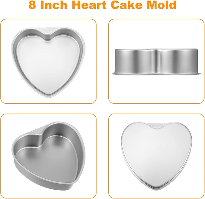 3 Pcs Silver Heart Shaped Cake Pans, 8 Inches Aluminum Cake Baking Tins Molds for Wedding, Birthday, Kitchen and DIY