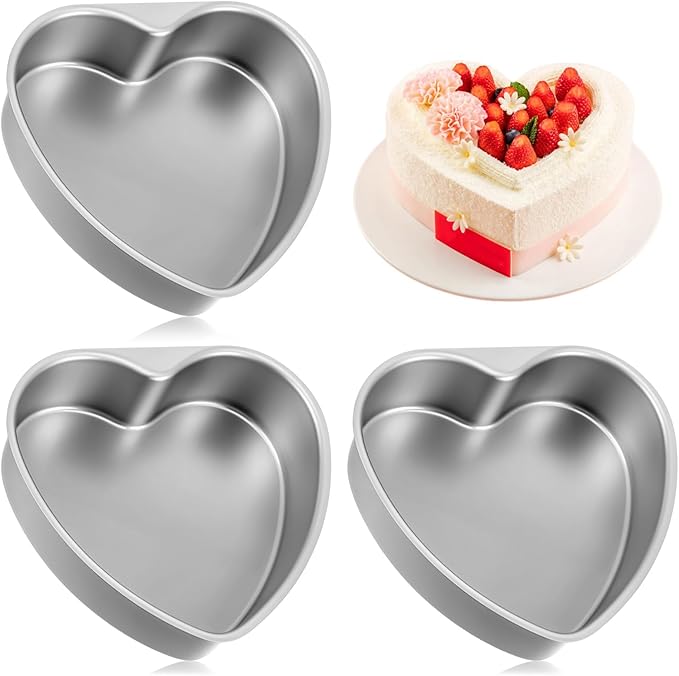 3 Pcs Silver Heart Shaped Cake Pans, 8 Inches Aluminum Cake Baking Tins Molds for Wedding, Birthday, Kitchen and DIY
