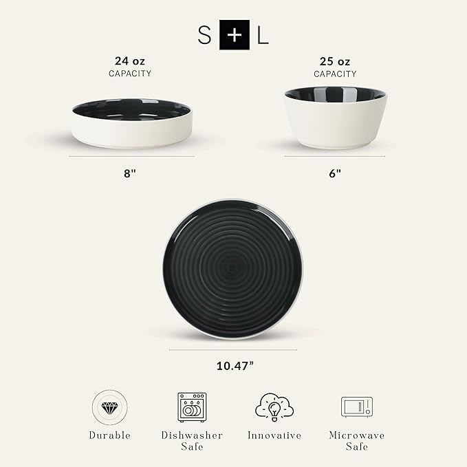 Stone Lain Elica 24-Piece Modern Dinnerware Set Stoneware, Plates and Bowl Sets for 8, Black and Beige
