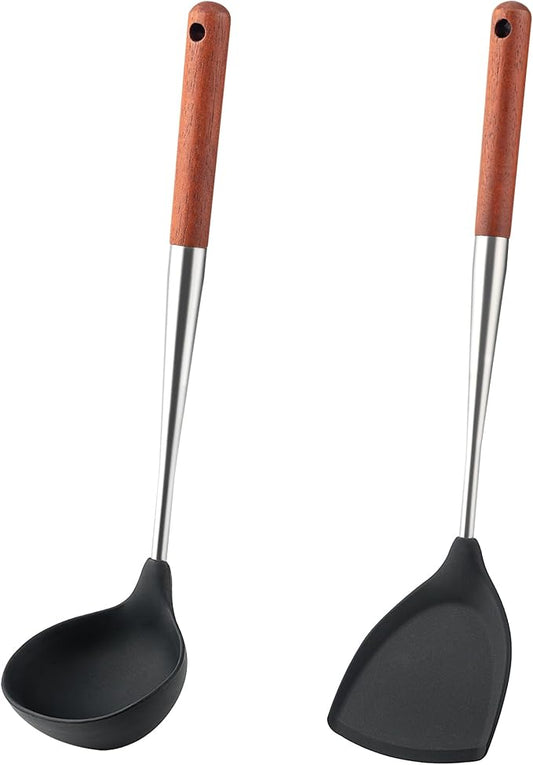 FJNATINH Silicone Spatula and Ladle Set - Stainless Steel Non Stick Heat-Resistant Kitchen Utensils BPA Free Cooking Utensils Cookware Wooden Handle, Pack of 2