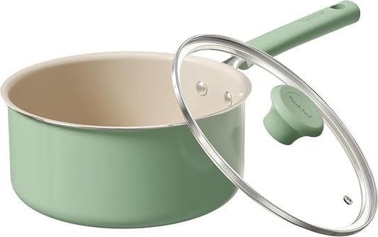Redchef Ceramic Nonstick Saucepan with Lid, 3QT Small Cooking Pot,Non Toxic Sauce Pans for Kitchen, Cool Handle PFAS Free Compatible with All Cooktops, Green