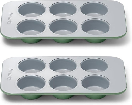 Caraway Nonstick Ceramic 6 Cup Muffin Pan Duo – Non-Toxic, PTFE & PFOA Free – Oven Safe – Aluminized Steel Core – Small Muffin Pan for Baking Cupcakes, Muffins & More - Sage