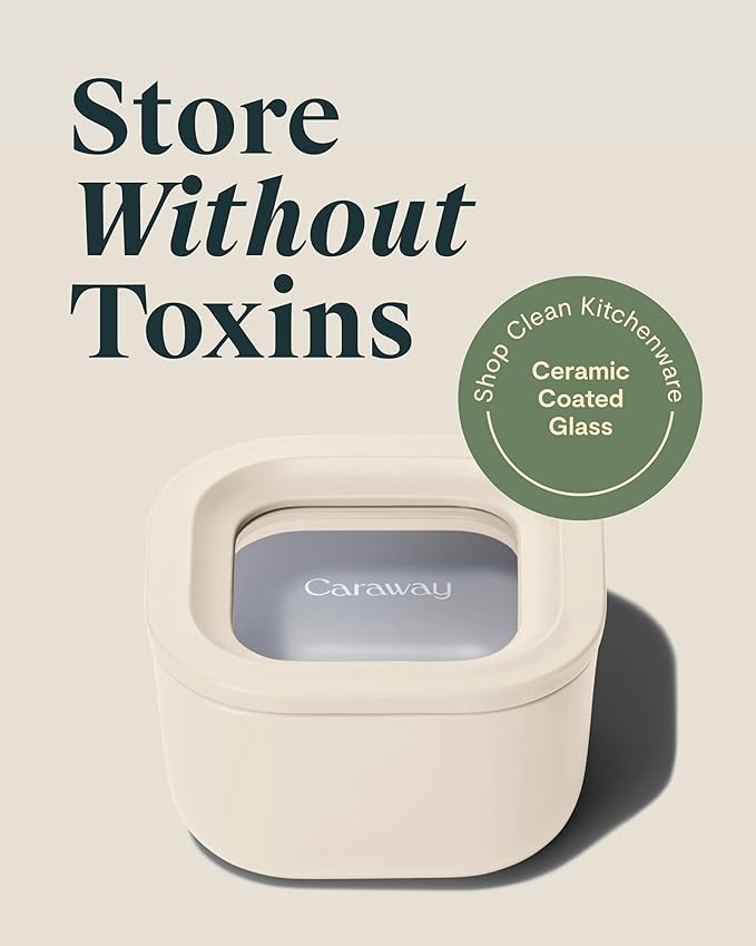 Caraway 6pc Food Storage Container Set - 1.75 Cup Glass Storage Container for Food (6) - Non-Toxic Ceramic-Coated Glass - Air Release Technology - Compact & Stackable Design - Cream