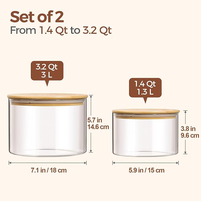 ComSaf Glass Food Storage Containers, 3.2Qt / 1.4Qt Glass Flour and Sugar Containers with Airtight Lids, 7.1'' Wide Mouth Large Glass Jars with Bamboo Lid for Rice, Pasta, Oats, Grains, Cookie, Candy